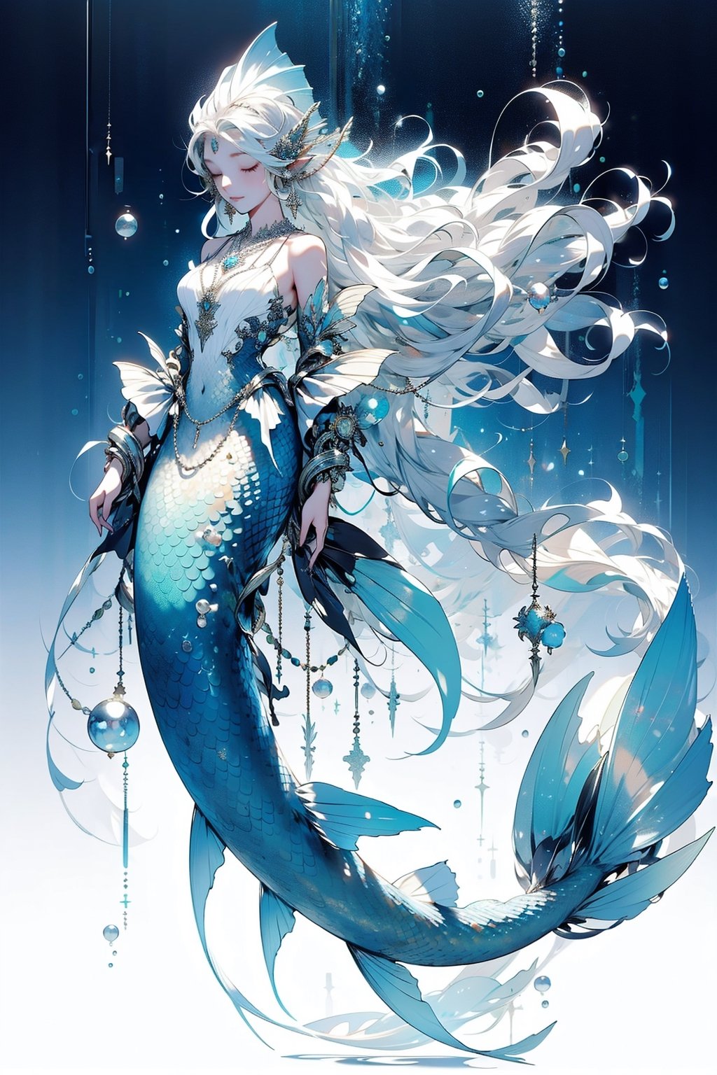 1girl, solo, long hair, jewelry, full body, closed eyes, white hair, pointy ears, necklace, monster girl, bubble, underwater, mermaid, head fins,DonMW15p