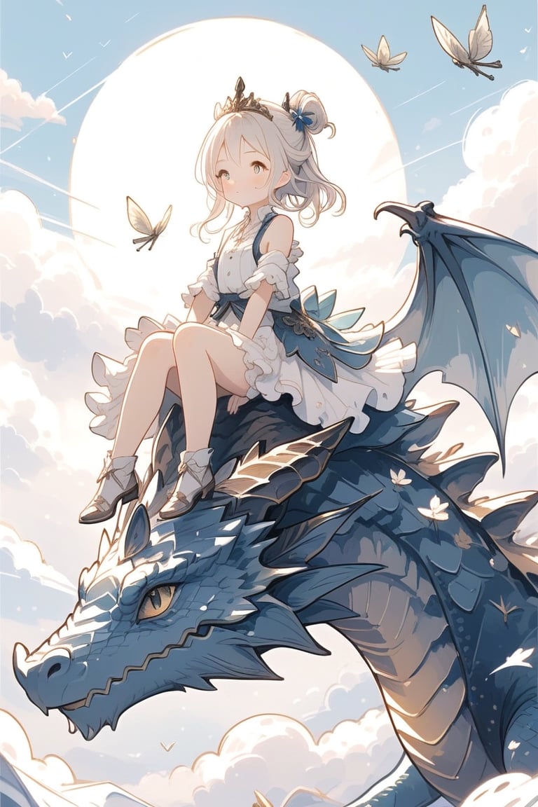  girl riding on top of a dragon while the dragon flies above the clouds
cute,mix,anime,princess