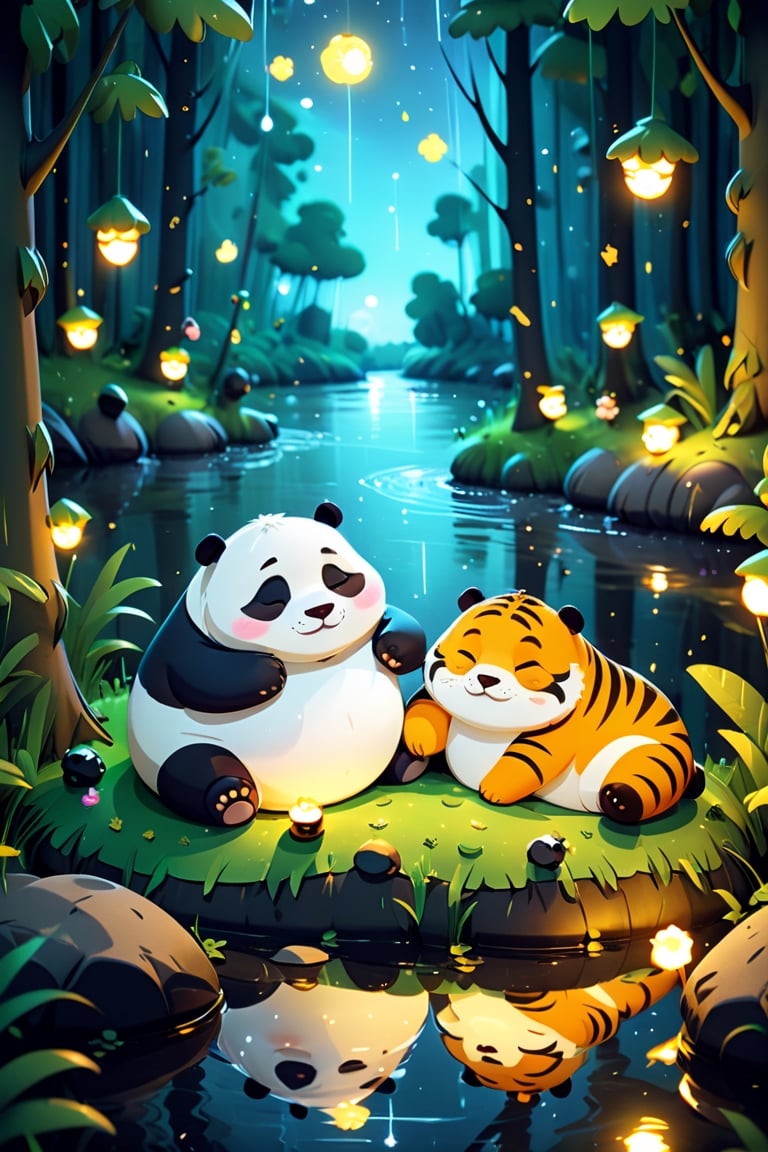 master piece, high quality, fat cute panda and fat cute tiger, sleeping, with a belly, in the forest, night, torch, river, rain