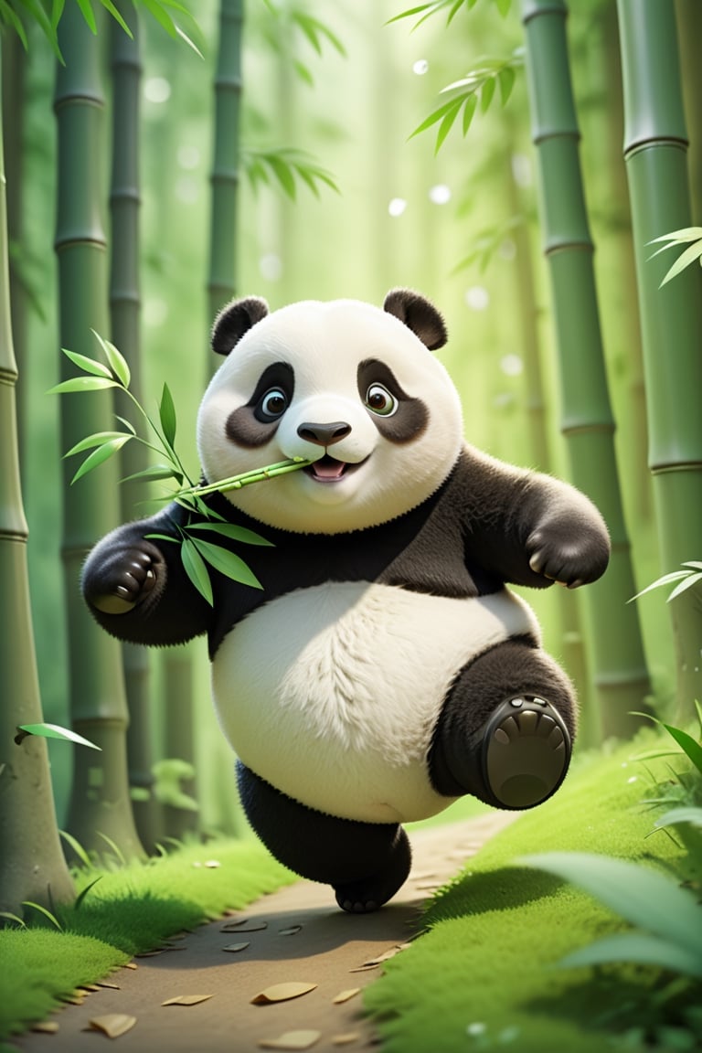 master piece, high quality, fat cute panda, running, with a belly, in the forest, eating bamboo leaves