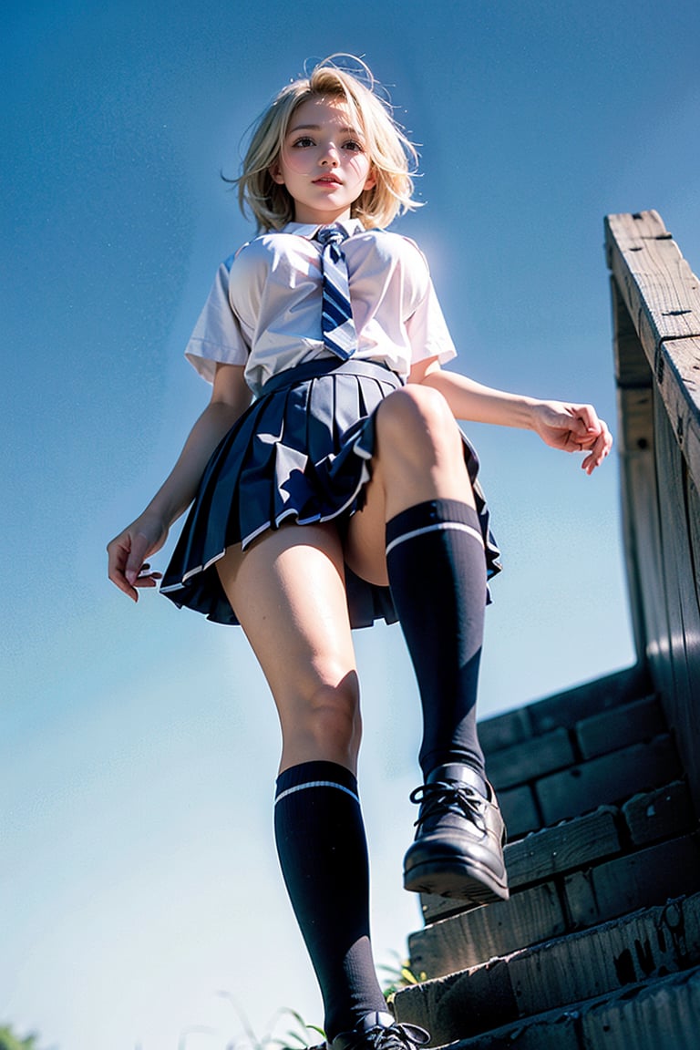 1 girl, solo, japanese girl, 20 year old, 178cm tall ,light pink lip, white shiny skin, (short blonde hair), ((big breast:1.4)),((long skinny legs)),((sitting on stairs)), ((school uniform)), dark blue pleated skirt, dark blue diagonal striped tie, black shoes, dark blue socks, outdoor, sky,(from below:1.7),