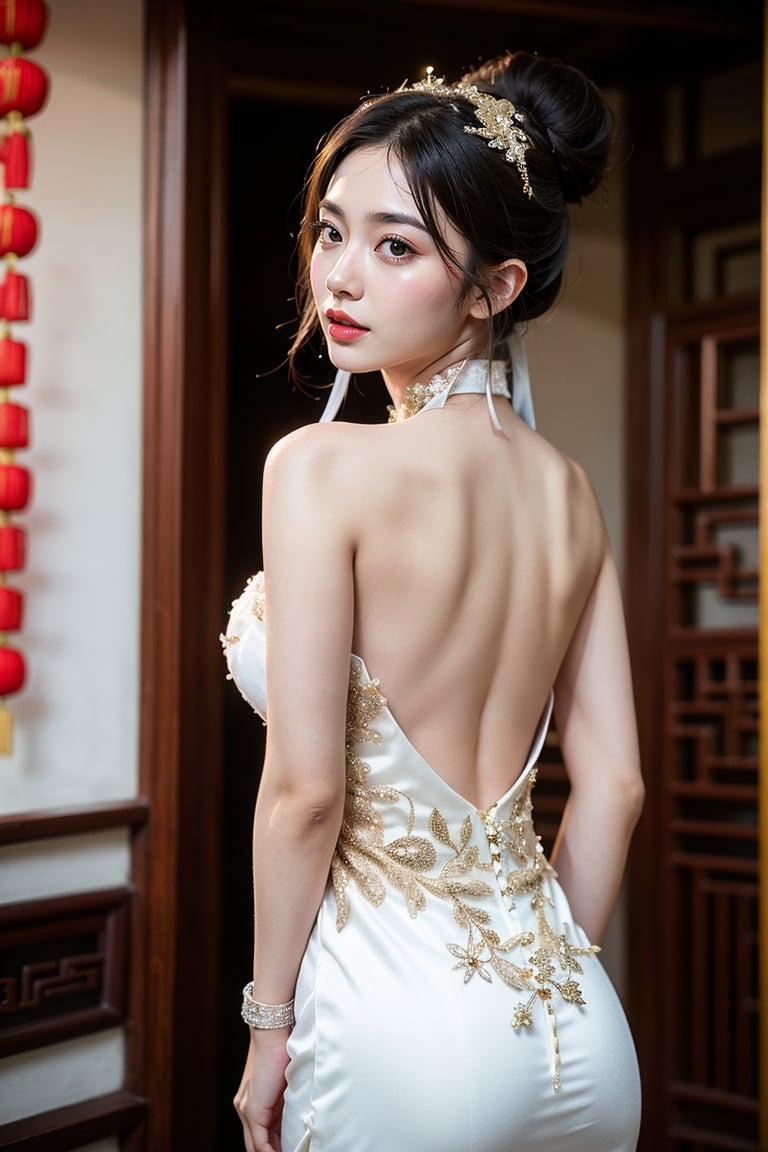 1 japanese girl, 185cm tall, solo,best resolution, model poses, best quality, masterpiece, perfect face, juicey lip, white shiny skin, ((bresat:1.7)), looking back, short black hair, gold hair ornament,She wears her hair in a bun,((chinese type wedding dress)), Backless outfit, standing, flower,chinese tea house ,s-shape body:1.75,cowboy_shot