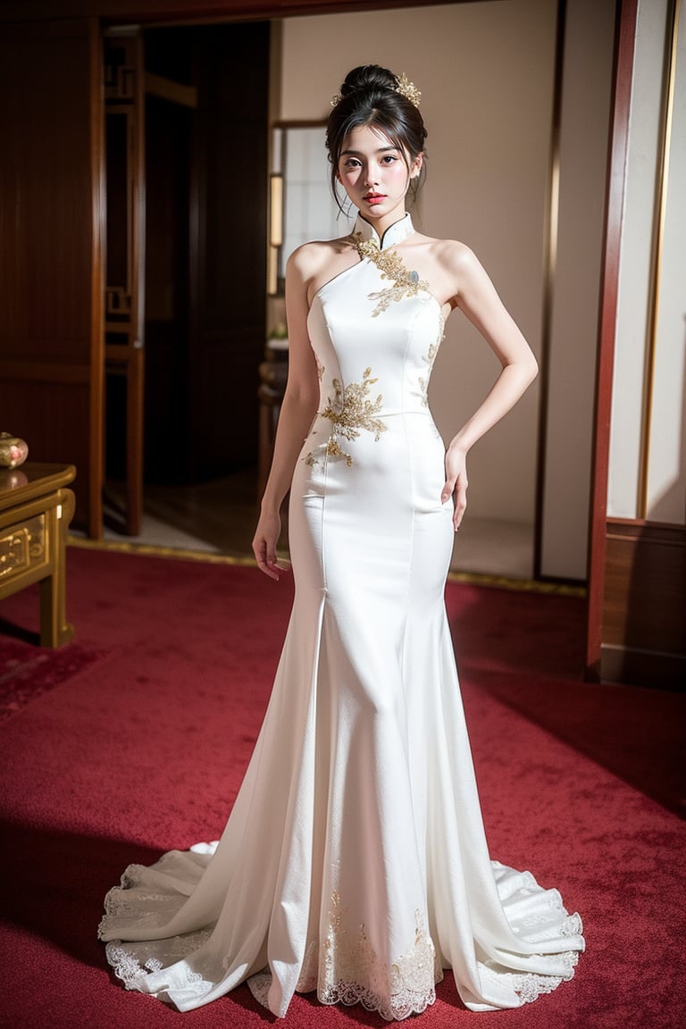 1 japanese girl, 185cm tall, solo,best resolution, model poses, best quality, masterpiece, perfect face, juicey lip, white shiny skin, , looking at viewer, short black hair, gold hair ornament,She wears her hair in a bun,((red color chinese type wedding dress)),  standing , (flower),red bed room ,s-shape body:1.75,full body,chinese wedding,