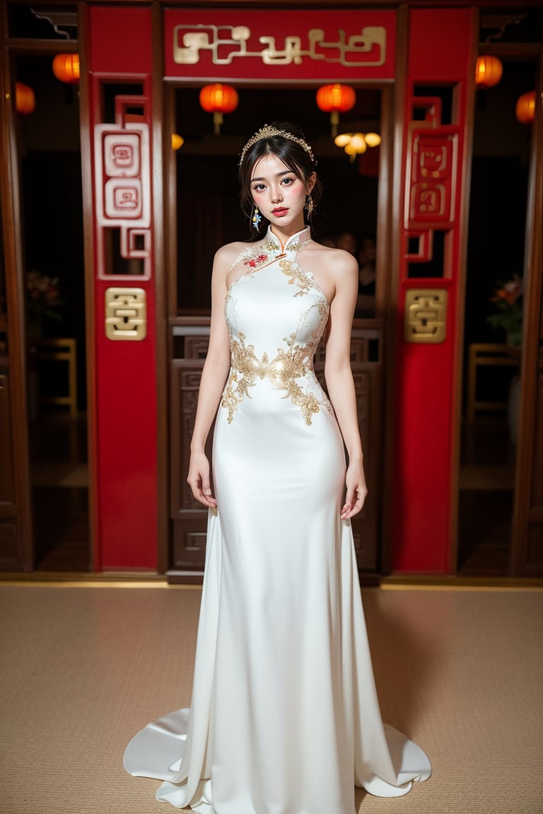 1 japanese girl, 185cm tall, solo,best resolution, dynamic poses, best quality, masterpiece, perfect face, juicey lip, white shiny skin, big bresat:1.7, looking at viewer, short black hair, gold hair ornament,((red color chinese type wedding dress)), standing, flower,red color room,s-shape body:1.75,full body,Samme,girl,chinese wedding dress