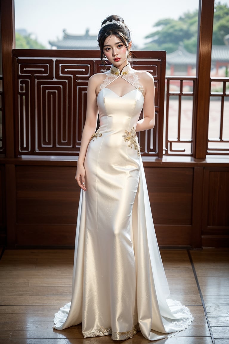 1 japanese girl, 185cm tall, solo,best resolution, model poses, best quality, masterpiece, perfect face, juicey lip, white shiny skin, ((bresat:1.7)), looking at viewer, short black hair, gold hair ornament,She wears her hair in a bun,((chinese type wedding dress)),  standing, flower,chinese tea house ,s-shape body:1.75,full body,