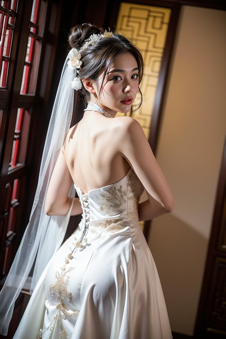 1 japanese girl, 185cm tall, solo,best resolution, model poses, best quality, masterpiece, perfect face, juicey lip, white shiny skin, big bresat:1.7, looking back, short black hair, gold hair ornament,She wears her hair in a bun,((chinese type wedding dress)), standing, flower,chinese tea house ,s-shape body:1.75,dutch angle,chinese wedding,