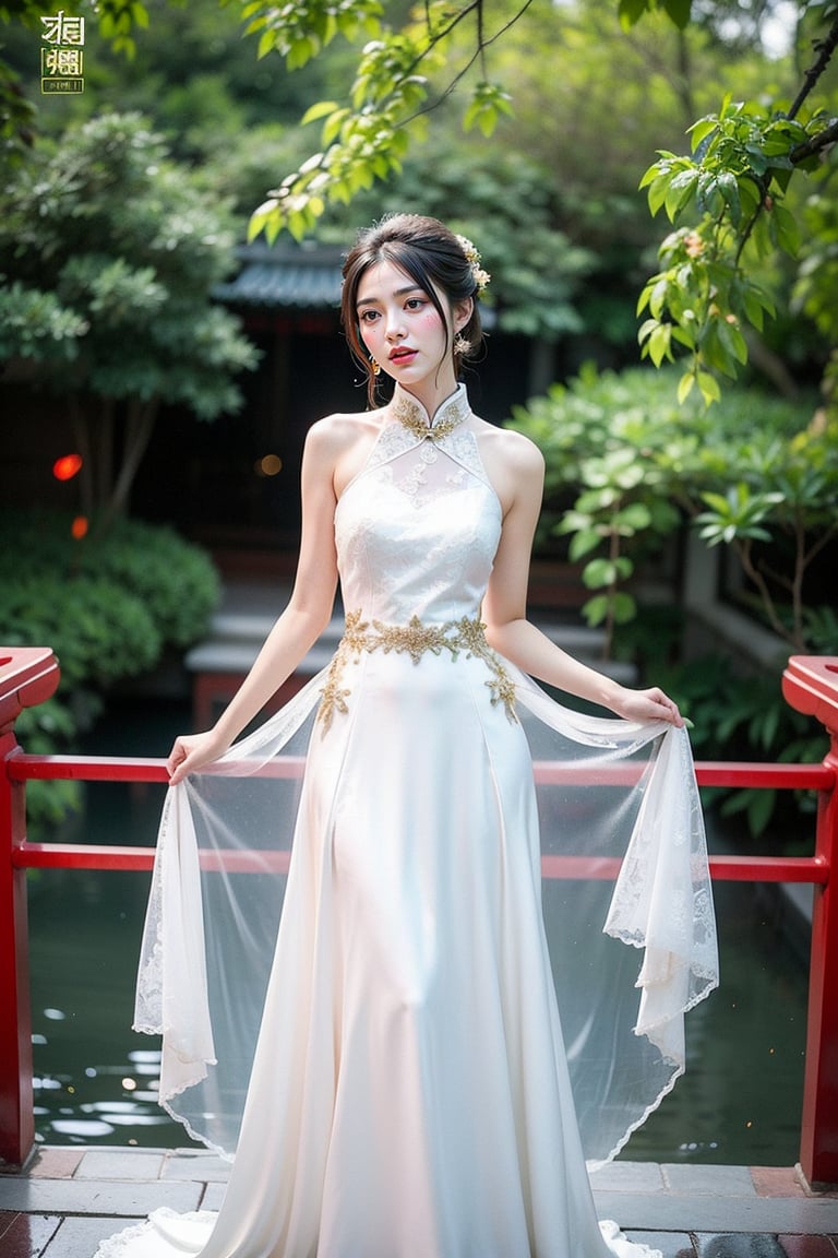 1 japanese girl, 185cm tall, solo,best resolution, model poses, best quality, masterpiece, perfect face, juicey lip, white shiny skin, big bresat:1.7, looking up, short black hair, gold hair ornament,She wears her hair in a bun,((chinese type wedding dress)), standing, flower,chinese tea house ,s-shape body:1.75,cow_girl_position,chinese wedding,