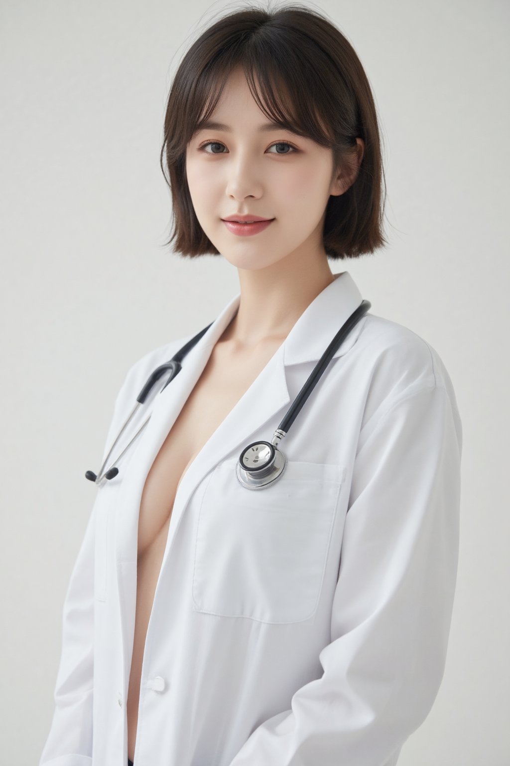 A beautiful Taiwanese girl, dressed as a pretty nurse, with short hair, a stethoscope, a smile, heavy breasts, wearing only a front-open ultra-thin doctor's gown, with no buttons on the doctor's gown, pure white background, photo Photography style, light and shadow reflection, high image quality, high pixels, high resolution, high details,