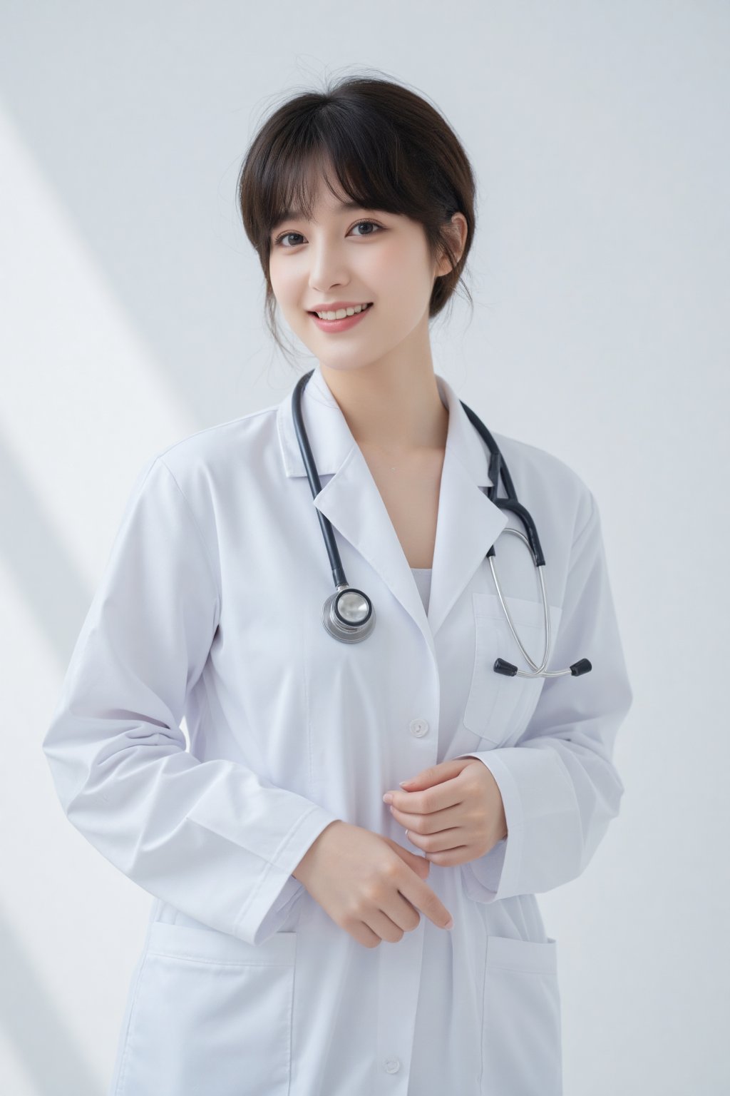 A beautiful Taiwanese girl, dressed as a pretty nurse, with short hair, a stethoscope, a smile, heavy breasts, wearing only a front-open ultra-thin doctor's gown, with no buttons on the doctor's gown, pure white background, photo Photography style, light and shadow reflection, high image quality, high pixels, high resolution, high details,