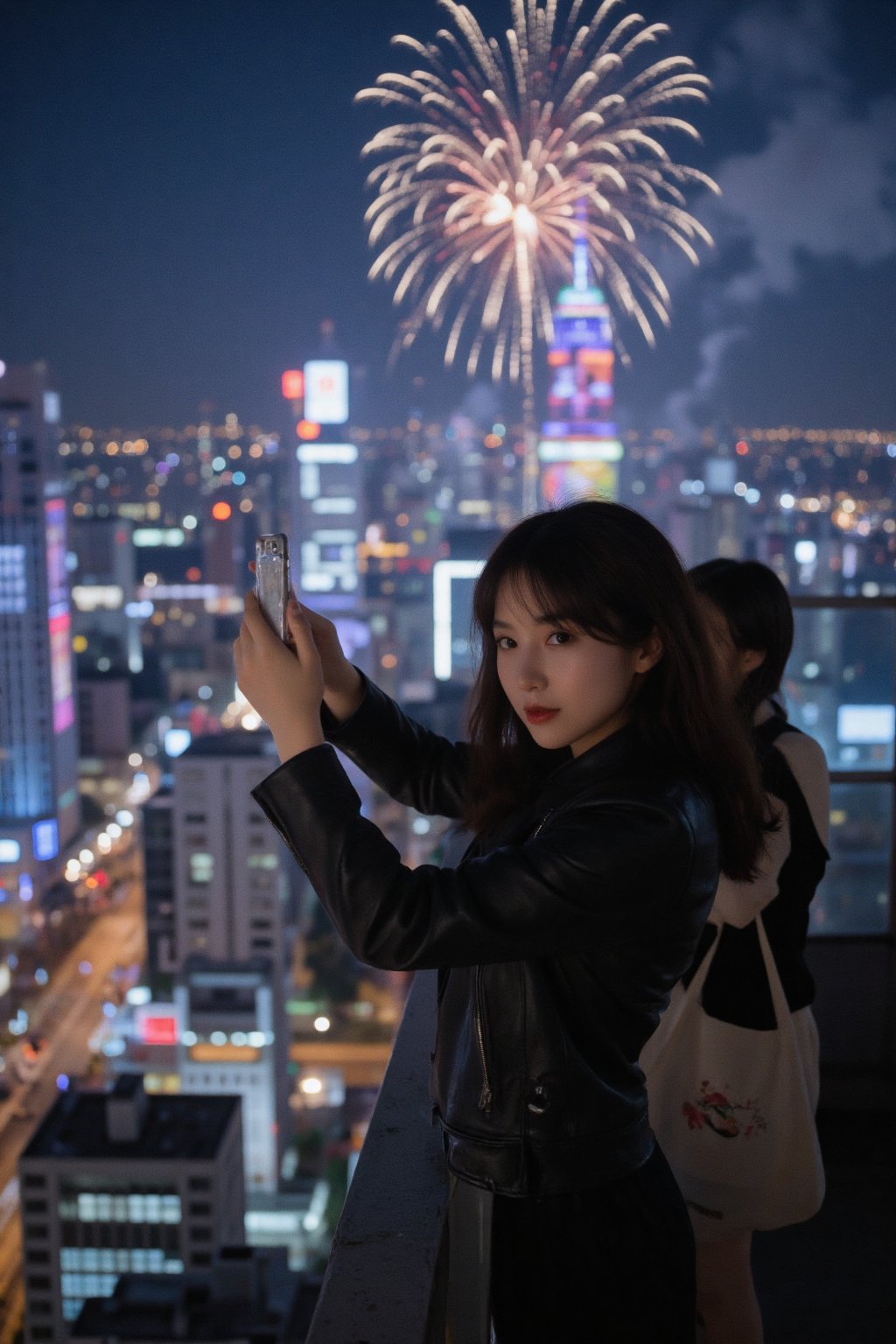 A Taiwanese lady agent wearing a black leather jacket,  with a perfect figure,  cute by dodo22 on Tensor.Art