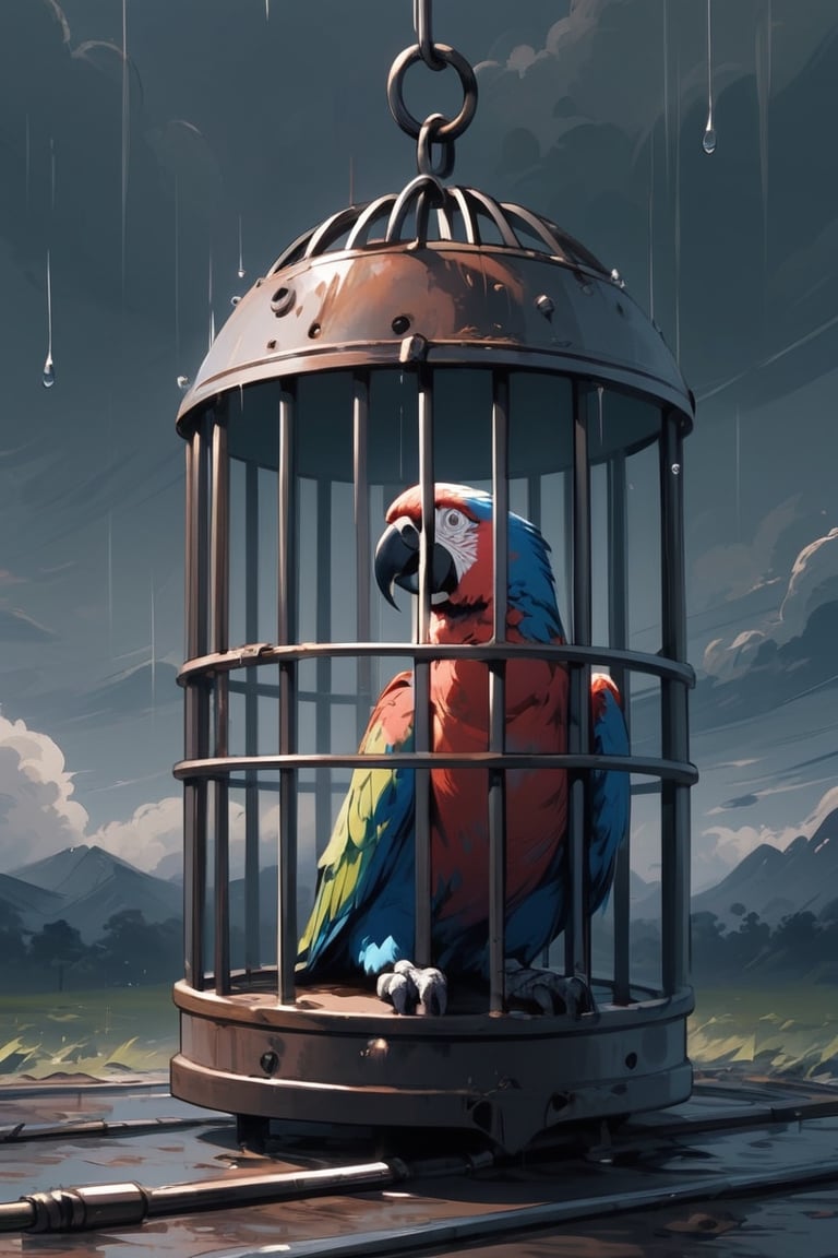 A heartbreaking illustration of a sad, anthropomorphic parrot with tears streaming down its face, confined within a rusty, old cage. The parrot's eyes are filled with despair, and its skin is matted and unkempt. Despite its anthropomorphic features, The background is gloomy, with dark clouds and raindrops falling, adding to the somber mood of the scene.