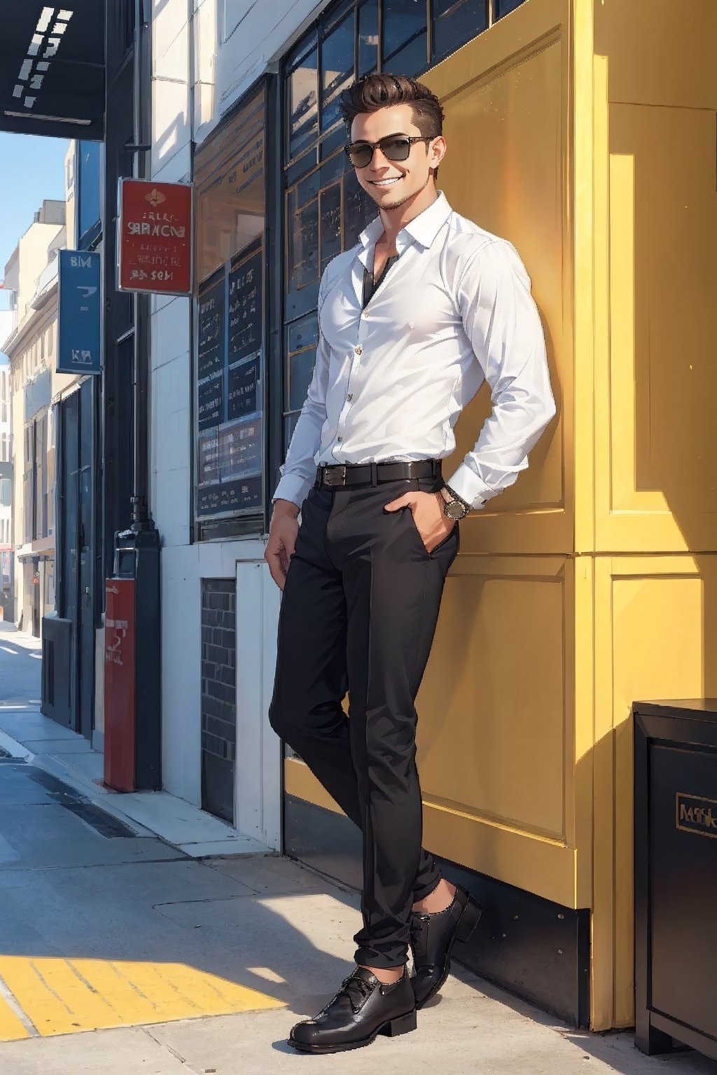 young boy with great masculine body, wearing black sunglasses, white collar shirt, smiling, UHD, standing in a bank, HD, realistic corporate background