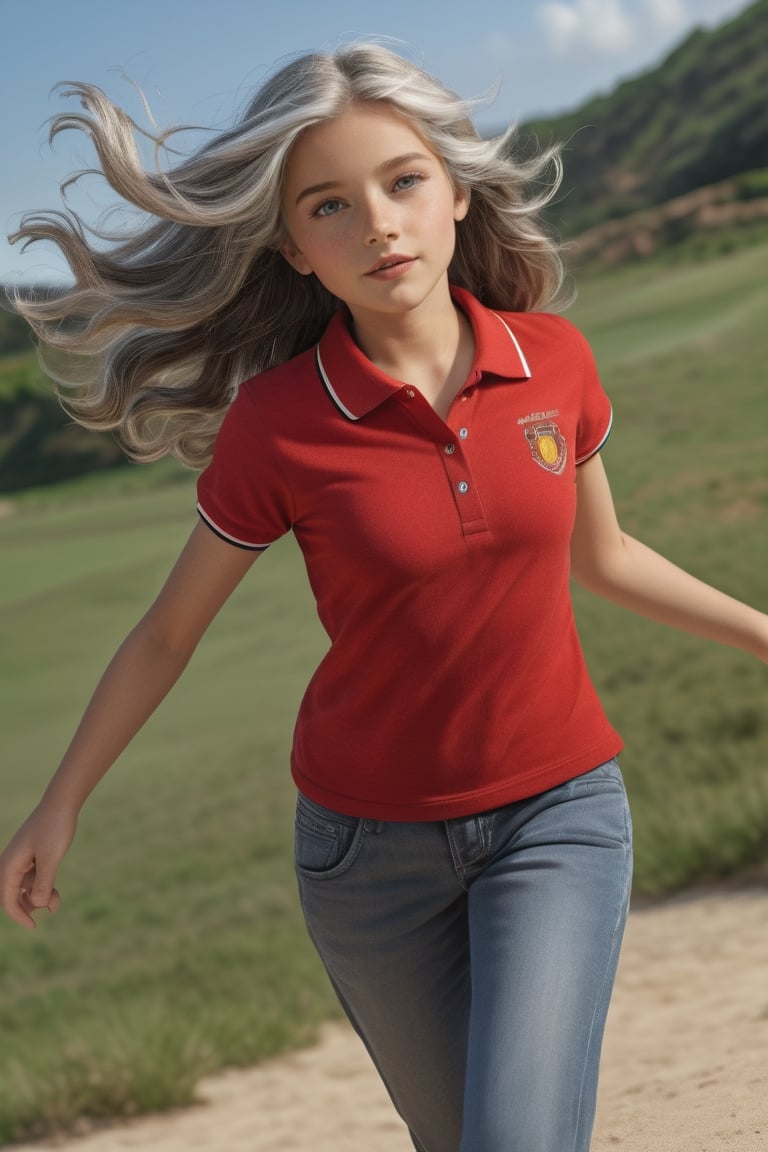 photorealistic, masterpiece, best quality, raw photo, 10 years girl, solo,wavy long hairs flying, grey hair, detailed face,dynamic pose,wearing red polo shirt, looking at viewer, detailed background, fine detailed, intricate detail,  ray tracing, depth of field, low key, hdr