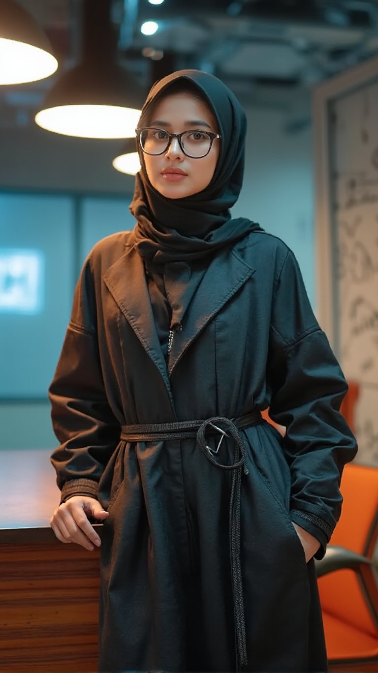 A mid close-up shot of a single turkish girl, slim face features, slim nose and big eyes, chiseled jawline, dressed in a hijab and abaya, wearing eyesight glasses, stands confidently in front of a sleek office bench. The bright fluorescent lighting above casts a warm glow on her attire, highlighting the stitching and creases. Her pose is strong and assertive, with one hand resting lightly on the edge of the bench as she looks directly at the camera. printed and writing walls at her back, neon glow, 