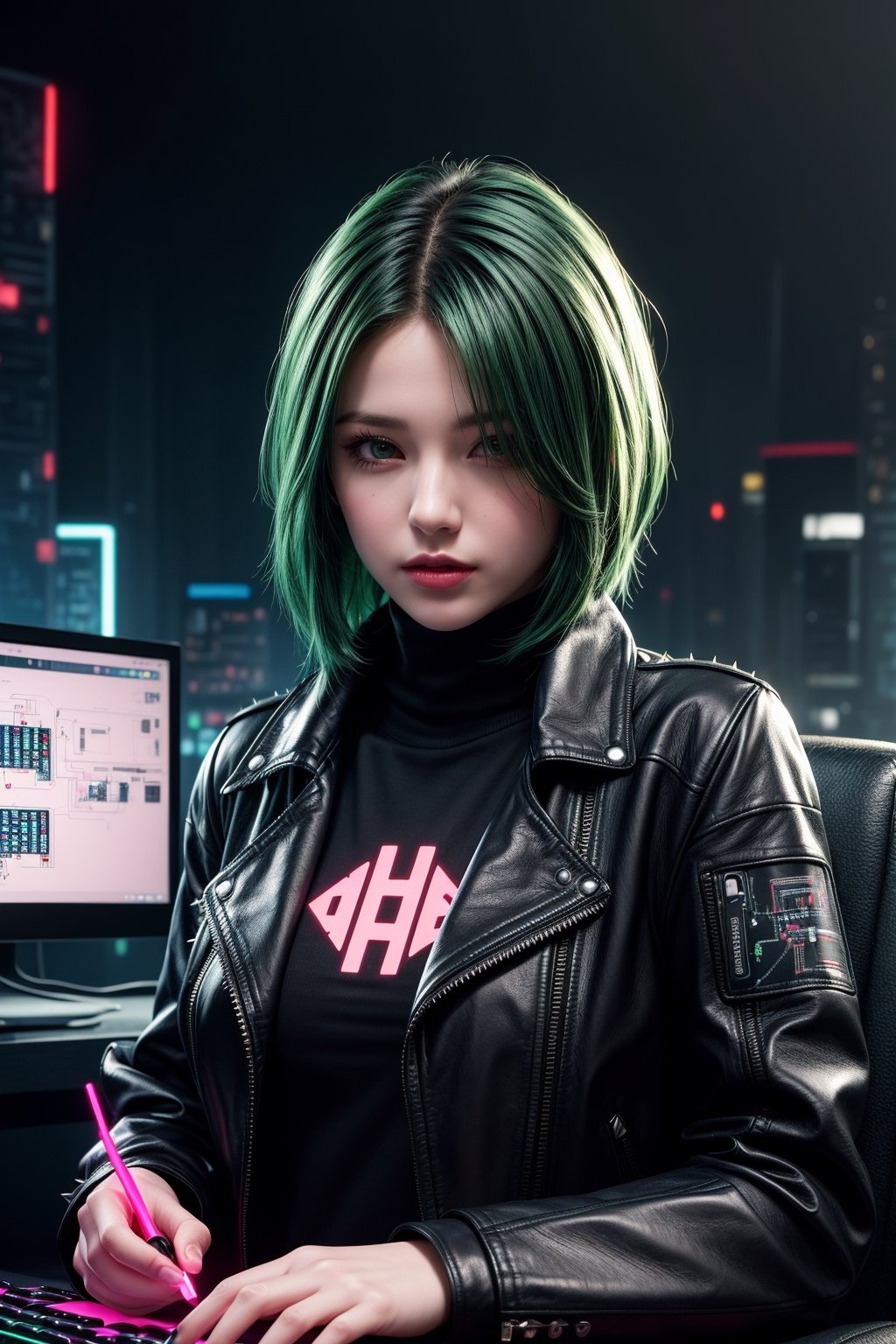 (masterpiece, high resolution, CGI, official art:1.2), (skilled female hacker:1.3) with (short, spiky dark green hair:1.1) and  wearing a (black leather jacket:1.2) with (intricate neon circuitry patterns:1.1), holding a (customized cyberdeck:1.4), intense atmosphere, focused emotion, futuristic tone, high intensity, inspired by sci-fi and cyberpunk, dark aesthetic, neon color palette with (vibrant pink accents:1.1), dynamic mood, dramatic spotlighting, diagonal shot, looking directly at the viewer with a sense of determination, surrounded by (hacking screens:1.2) and (cityscape backgrounds:1.1), focal point on the hacker's face, highly realistic metal texture, atmospheric smoke effect, high image complexity, detailed environment, subtle movement of the hacker's fingers, energetic pose.