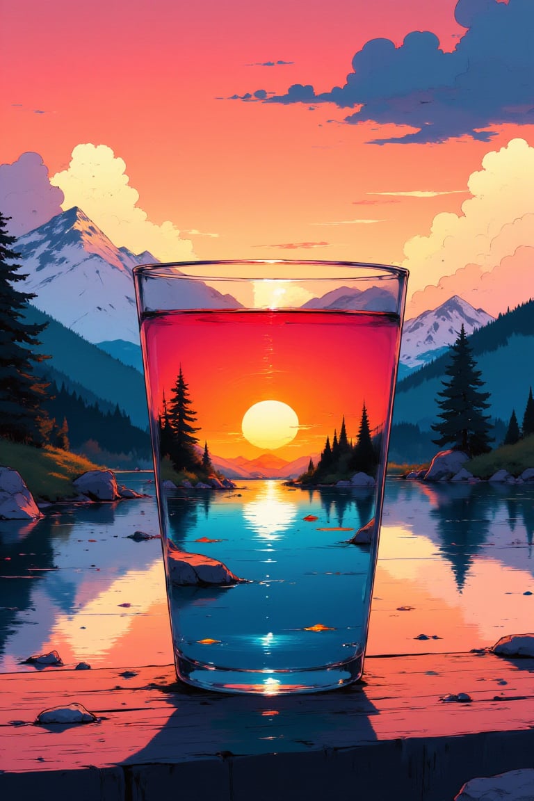 A mesmerizing 3D alcohol ink artwork of a vibrant sunset landscape on a cup. The cup is placed on a wooden surface. The background reveals a serene landscape with mountains, trees, and a body of water. The sky is painted with shades of orange, pink, and blue. The overall image has a 3D render style.