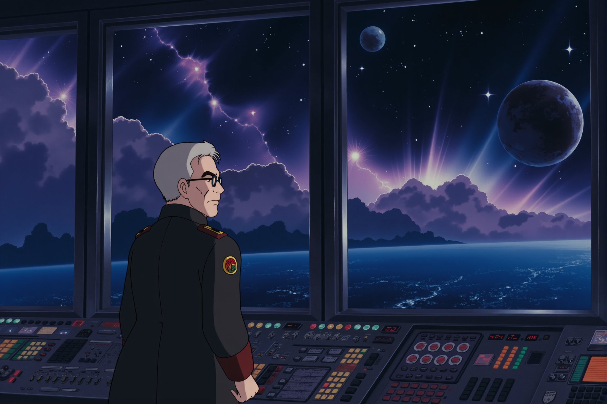 anime style image of a seasoned captain stands on the bridge of a spaceship, gazing out at the vast expanse of stars stretching endlessly beyond the window. The control panel in front of him hums with life, lights blinking rhythmically, casting soft glows across his weathered face. His uniform is adorned with small insignias and badges from years of service, and his expression is one of quiet confidence and wonder. Outside, distant nebulae swirl in colors of violet and blue, while planets and moons float like silent sentinels in the void. The scene is awe-inspiring and peaceful, a testament to human exploration and the mysteries of space.