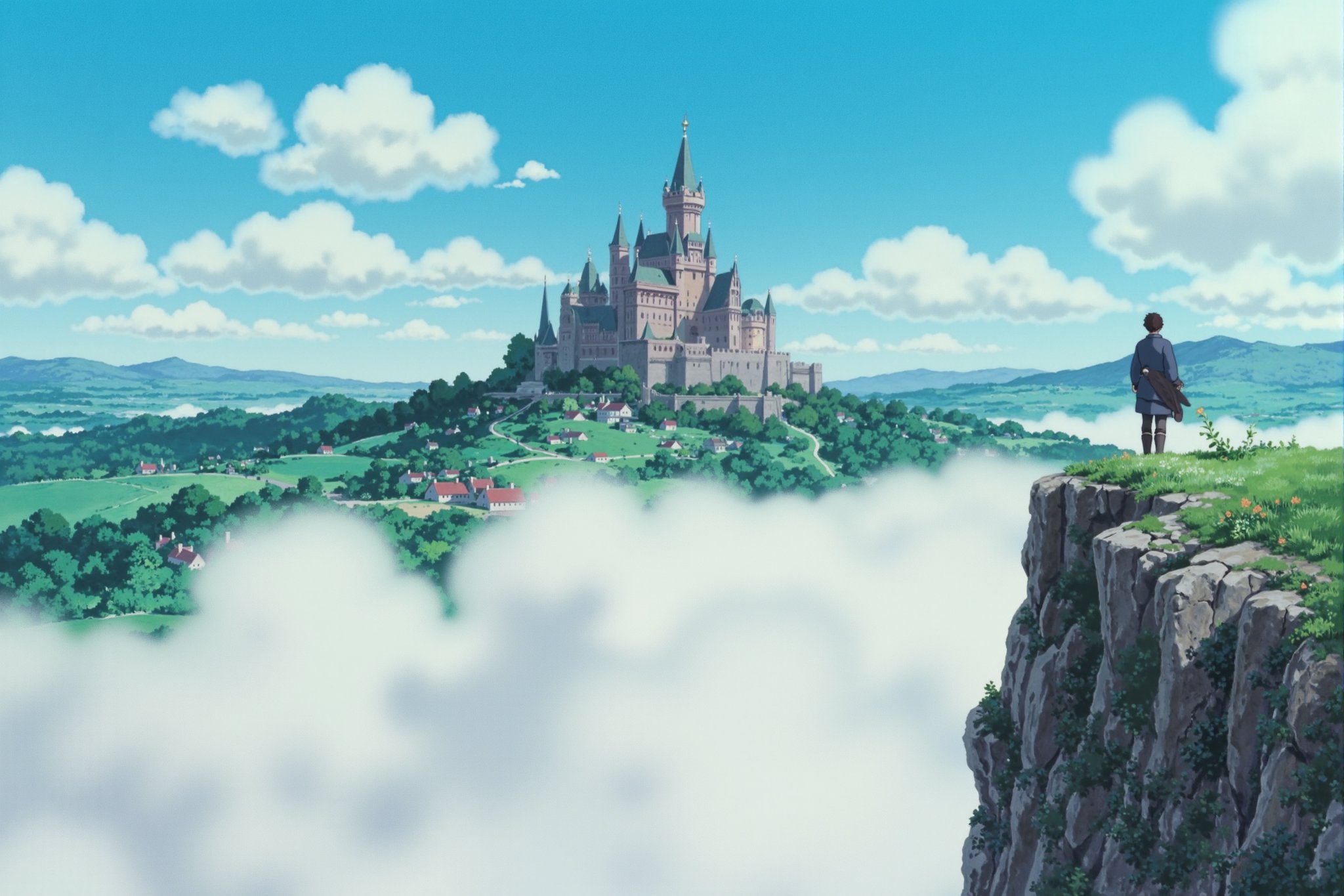 anime style image depicts a breathtaking landscape featuring a grand, medieval-style castle perched atop a mist-covered hill. The castle, with its multiple towers and spires, stands majestically against a backdrop of a clear blue sky with scattered clouds. In the foreground, a solitary figure stands on the edge of a cliff, overlooking a vast valley shrouded in a sea of clouds. The scene is characterized by rugged, rocky terrain and lush green hills, creating a sense of awe and tranquility. The overall atmosphere is one of serenity and wonder, evoking a sense of adventure and exploration.