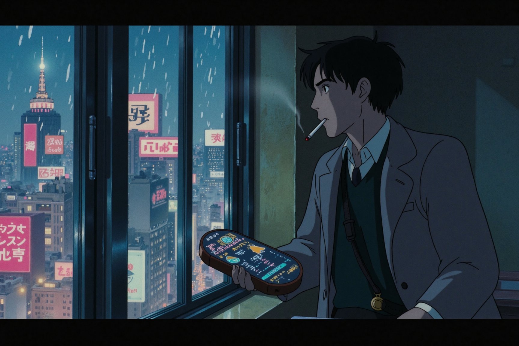 Studio ghibli anime style of a cyberpunk detective leans against the rain-streaked window of a high-rise apartment, the neon lights of the city outside casting a kaleidoscope of colors across his worn trench coat. In one hand he clutches a cigarette. His other hand rests on a small holographic device, displaying various clues and leads. The room is dim, with only the soft hum of electronic equipment breaking the silence. Outside, the city’s pulse continues, with hovercars zipping by and towering billboards flashing ads in countless languages. The detective’s face is shadowed, his expression unreadable, as he contemplates his next move.