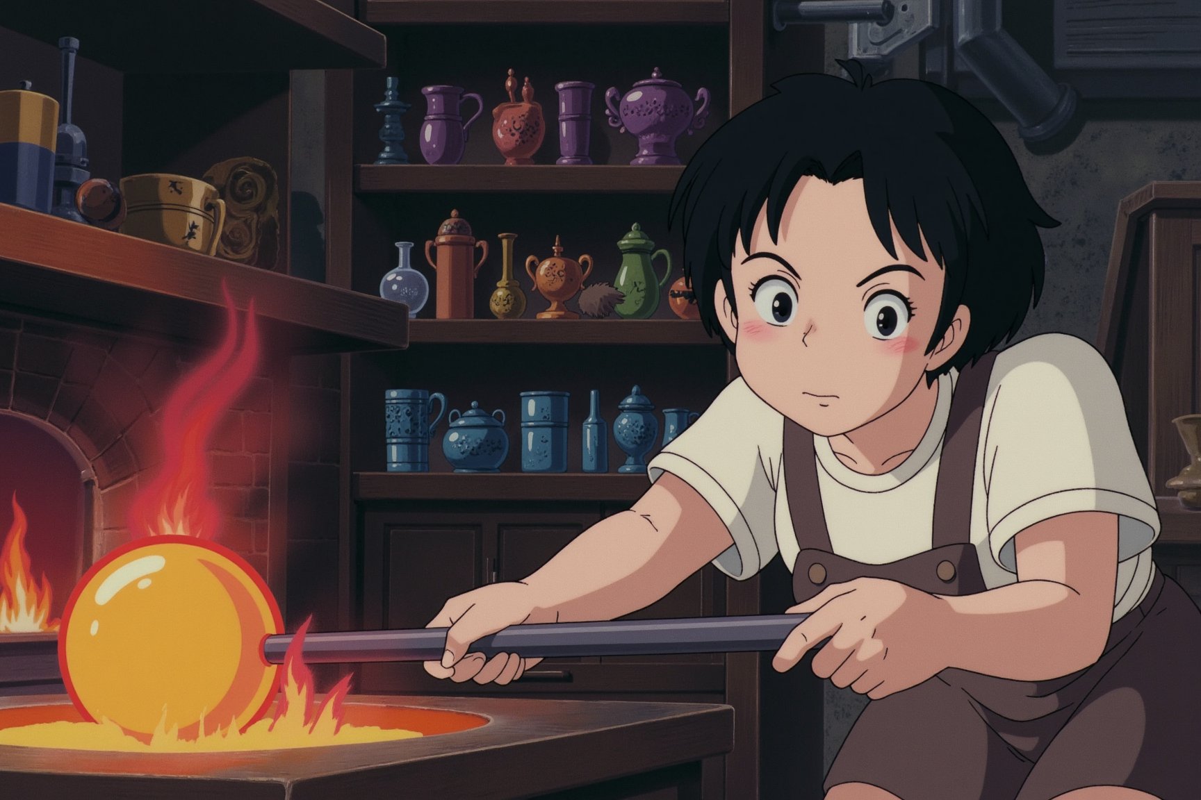 anime style image of a skillful glassblower leans over a glowing furnace, carefully turning a molten glob of glass at the end of a long blowpipe. Her brow is furrowed in concentration as she shapes the glass with practiced hands, the intense heat casting a warm glow across her face. The workshop around her is filled with shelves of vibrant glass sculptures, catching and refracting light in a rainbow of colors. The air is filled with the subtle crackle of the fire and the occasional sound of glass clinking. The scene is one of artistry and dedication, a glimpse into the intricate, hands-on process of creation.