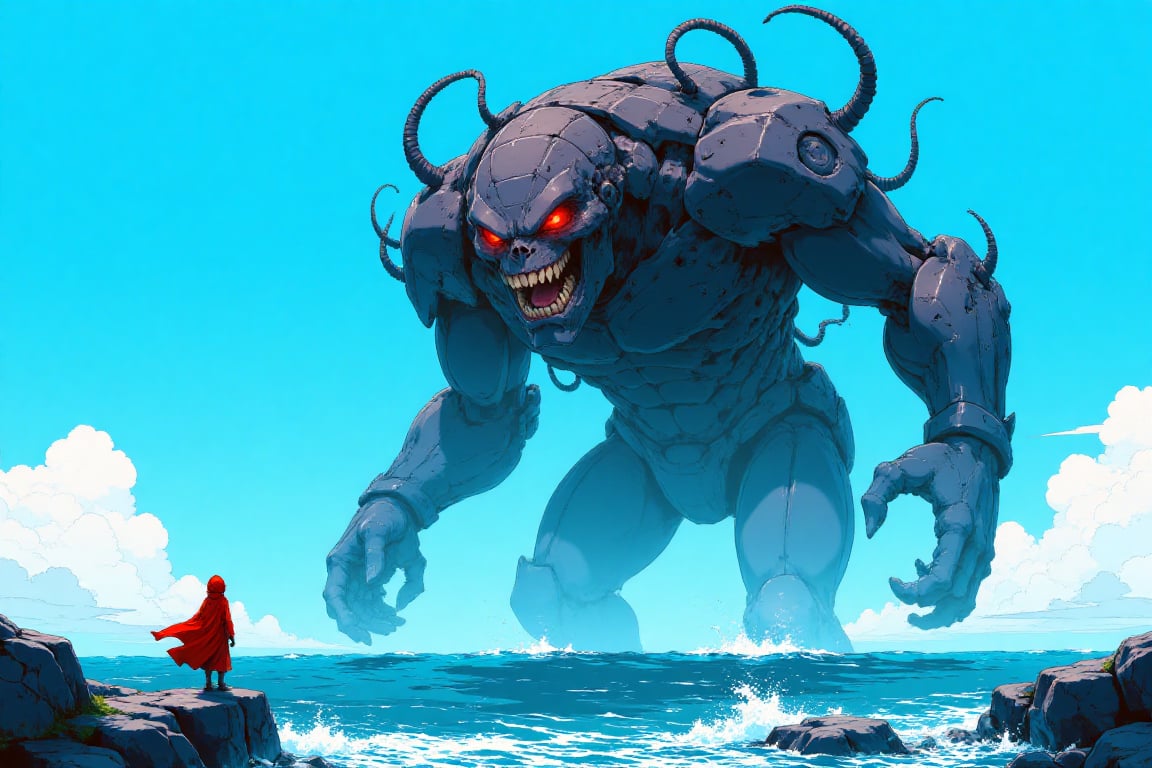 digital anime style artwork of a colossal, mechanical, titan-like creature emerging from the ocean. The creature's metallic exoskeleton is dark and textured, with glowing red eyes and intricate, winding mechanical tendrils. It has a large, open maw filled with sharp teeth, and its face is contorted into a menacing expression. In the foreground, a lone human figure stands on a rocky cliff, looking up at the creature. The figure is dressed in a long, flowing red cloak and wears a hood, suggesting a sense of mystery or danger. The cloak and hood are simple in design, contrasting with the complex, futuristic technology of the creature. The background features a bright, clear blue sky with a few scattered clouds, and the ocean waves crashing against the rocky shoreline. The water is a deep blue, reflecting the sky, and the waves are turbulent, adding a sense of motion and energy to the scene.