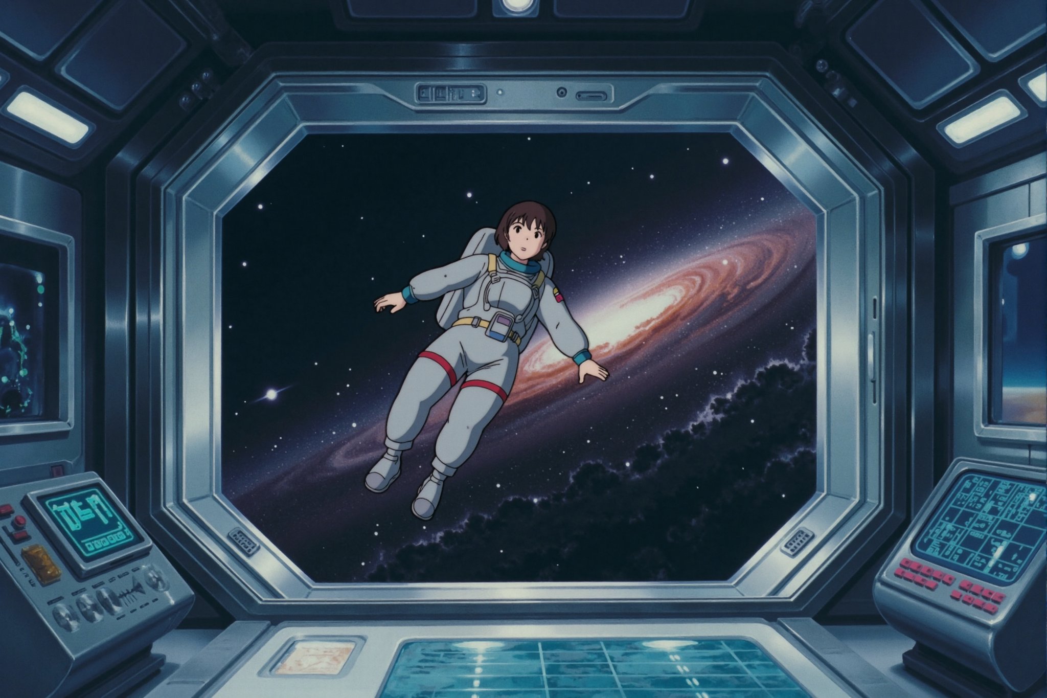 Studio ghibli anime style of a lone astronaut floats weightlessly inside a spacious, futuristic spacecraft, the sleek metallic walls lined with glowing control panels and data screens. Her suit reflects the soft blue light of the ship’s interior, and her expression is one of quiet contemplation as she stares out of a large viewport. Outside, the vast emptiness of space stretches infinitely, with distant stars twinkling against the inky blackness. A large, glowing nebula swirls in the distance, its vibrant colors a striking contrast to the otherwise sterile environment. The scene feels calm yet filled with wonder, the silence of space amplifying the astronaut's solitude.