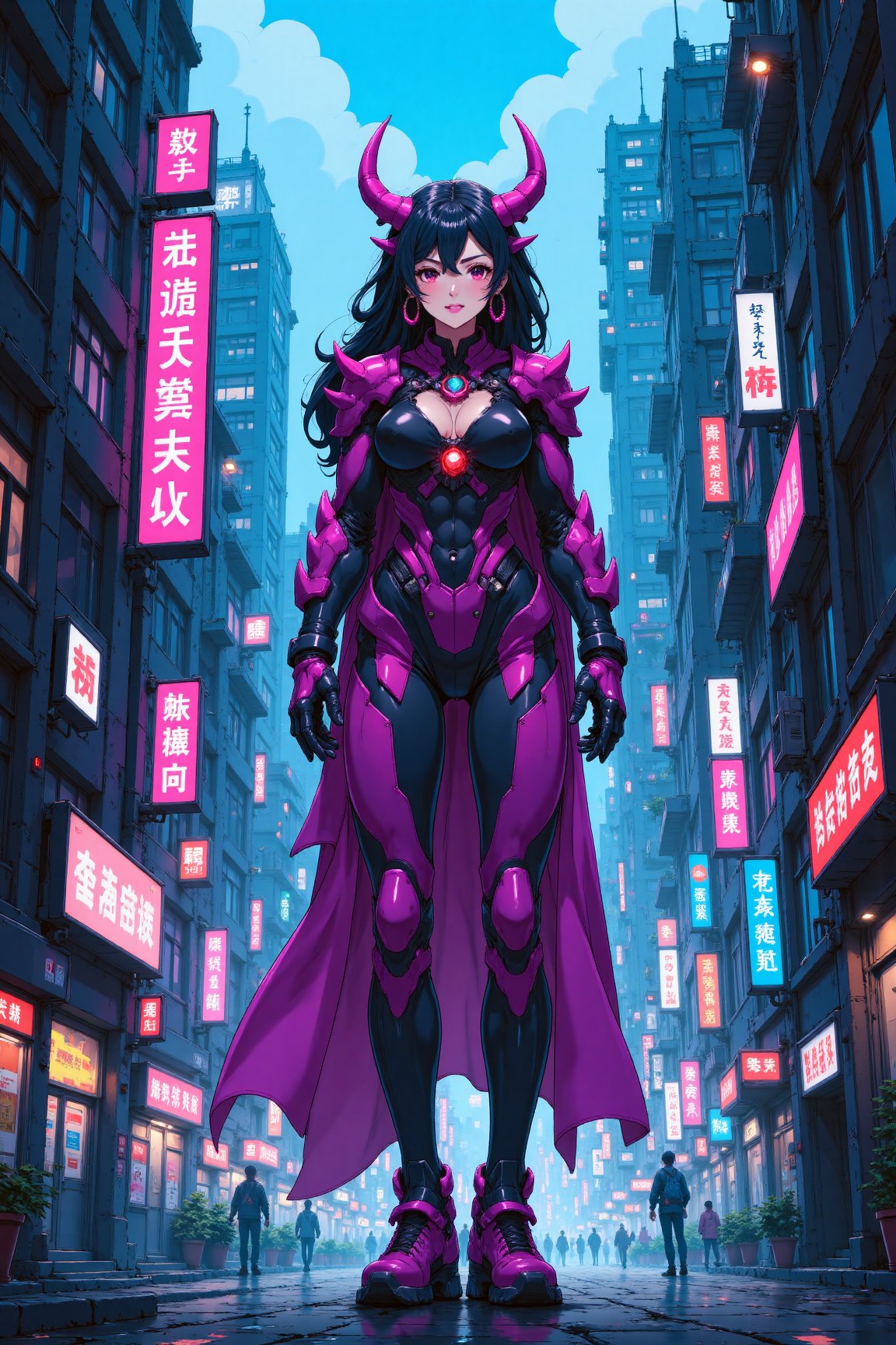 anime style image of a striking female aetherpunk creature stands proudly amidst a dystopian cityscape, adorned in intricate, glowing armor and radiating vibrant colors. The creature's mesmerizing presence contrasts sharply with the towering, futuristic structures and intense atmosphere of the city. 