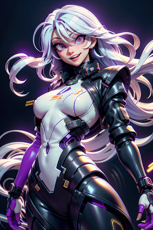 create of a full view length a android, mechanical arms, lightning, purple lightning, clouds, (dark theme:1.3), outstretched arms, wide eyed, limited pallete, cinematic lighting, backlight, white hair, absurdly long hair, hair over one eye, purple eyes, seductive smile, evil smile, wide-eyed, head tilt, white jacket, purple, purple theme, open mouth, constricted pupils, ,Futuristic