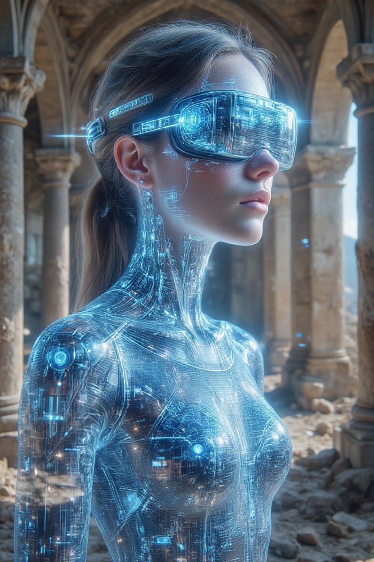 In this stunning and futuristic artwork,  a female figure stands confidently amidst the ruins of an ancient,  crumbling st...