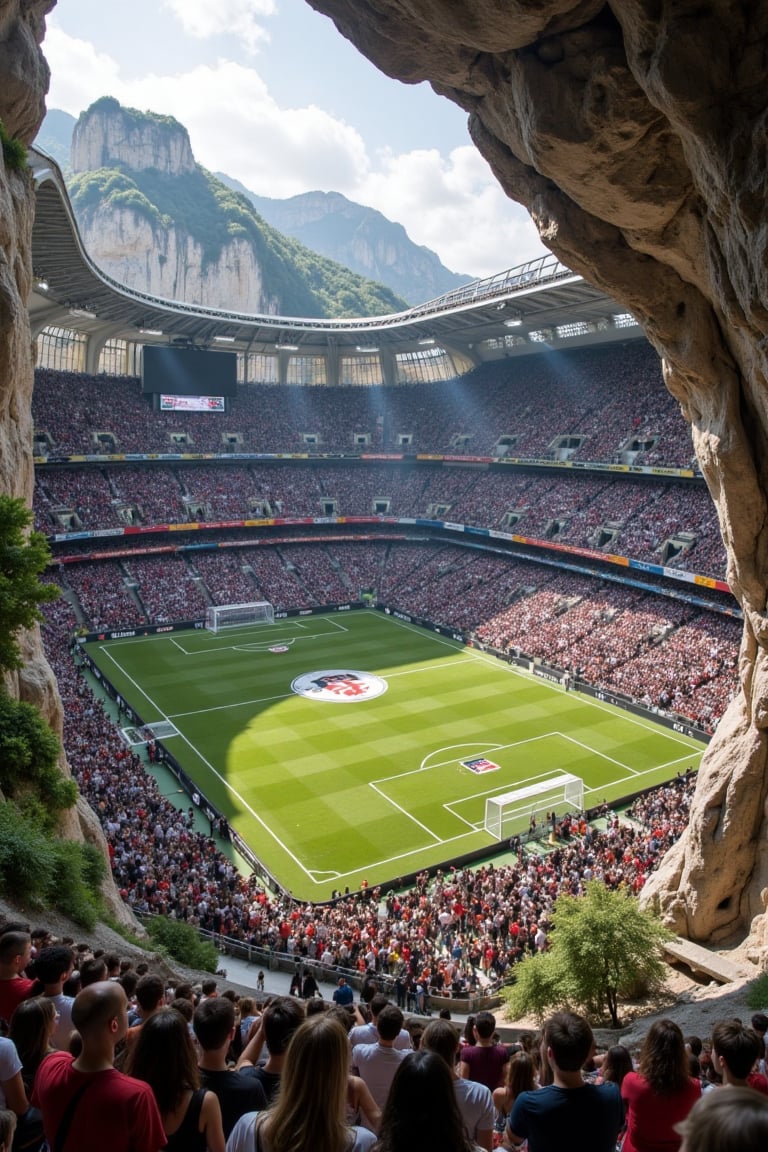 A soccer stadium,  built into the side of an ancient cliff,  with people playing on it. A crowd watches from above and aro...