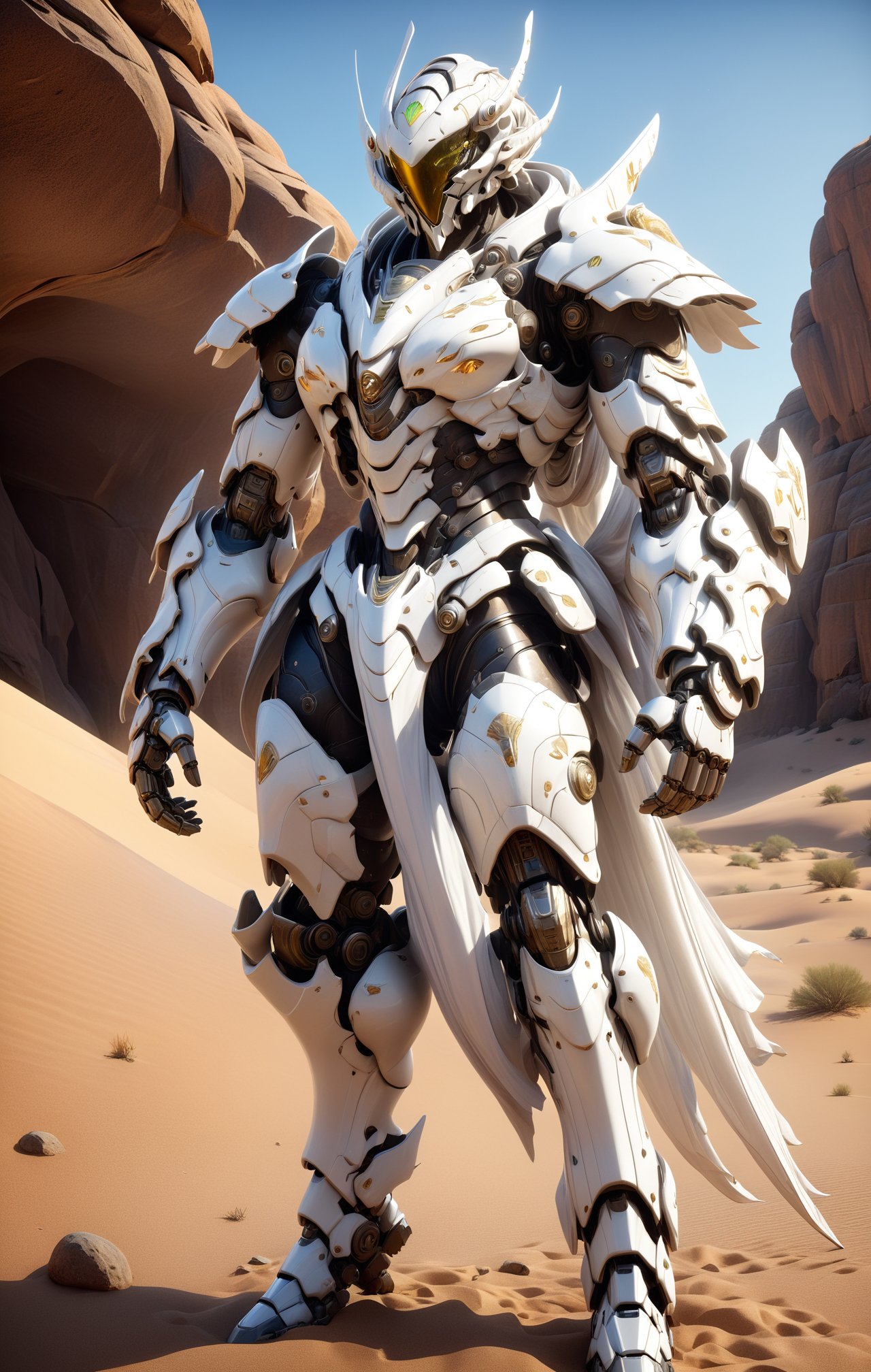 Masterpiece, Create a full body length of a warrior. In a desert.  Mechanical Armor. White armor. Firefly from: Star Rail. Extremely Realistic, Hyper Detailed, High quality, Cinematic Lighting Photography, nvidia rtx, super-resolution, unreal 5, subsurface scattering, pbr texturing, 32k UHD, Photorealistic, Hyperrealistic, Detailed, Octane, iso300.