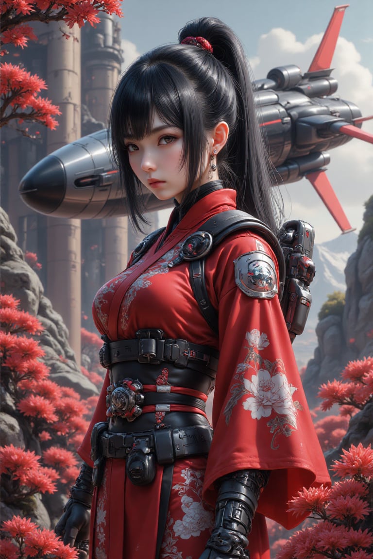 Heroic girl bathed in otherworldly light,  her sharp gaze fixed on the endless alien horizon,  blending the elegance of Ja...