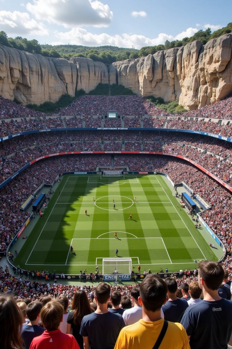 A soccer stadium,  built into the side of an ancient cliff,  with people playing on it. A crowd watches from above and aro...