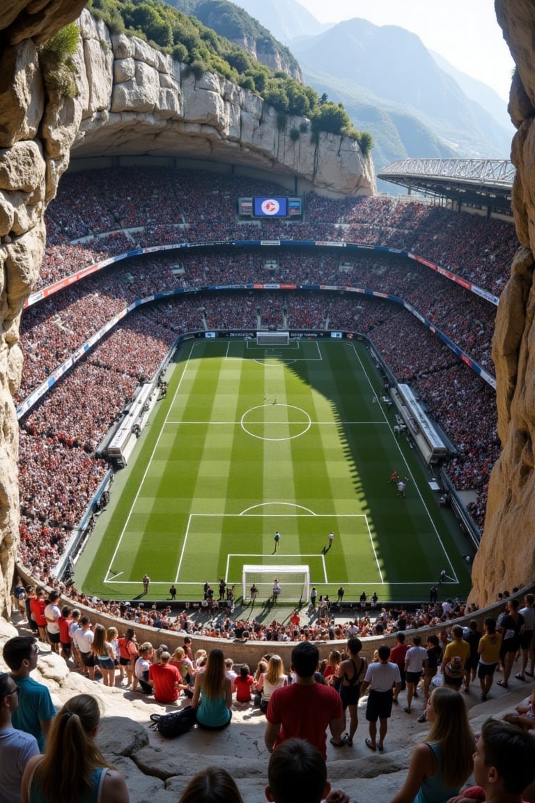 A soccer stadium,  built into the side of an ancient cliff,  with people playing on it. A crowd watches from above and aro...