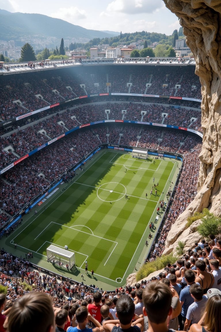 A soccer stadium,  built into the side of an ancient cliff,  with people playing on it. A crowd watches from above and aro...