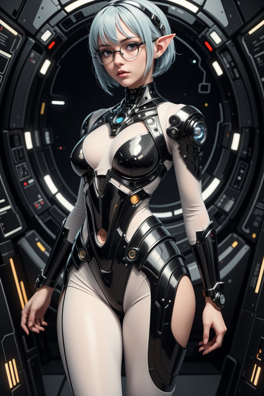 (masterpiece, high quality, 8K resolution). 
A highly detailed anime illustration that combines fantasy and science fiction.
Character: A young beautiful elven woman, blue hair, straight bob, stylish glasses. Dressed in a military uniform consisting of a futuristic uniform and tight trousers. Detailed outfit.
Background: The bridge of a spaceship. A porthole with a view of open space..
Details: It depicts a minor character in a space opera who is a crowd favorite. Close up portrait. Detailed, sensual, Drawn in the style of Ghost in the Shell, influenced by the Mass Effect video game series. A cruel and cold universe, which is reflected in the colors and style of drawing. REALNIME