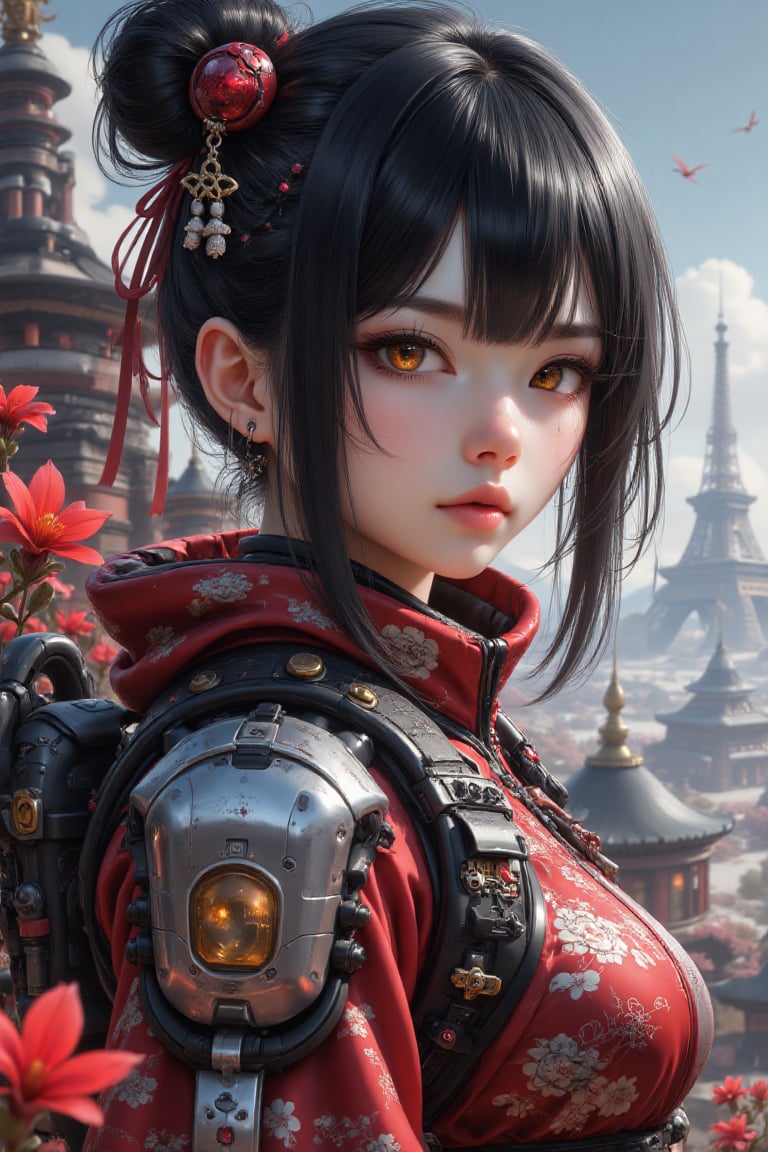 Heroic girl bathed in otherworldly light,  her sharp gaze fixed on the endless alien horizon,  blending the elegance of Ja...