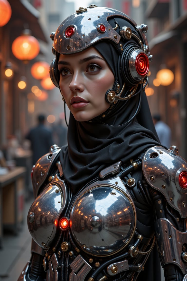A striking fusion of futuristic technology and cultural heritage,  the scene features a young woman depicted as a cybernet...