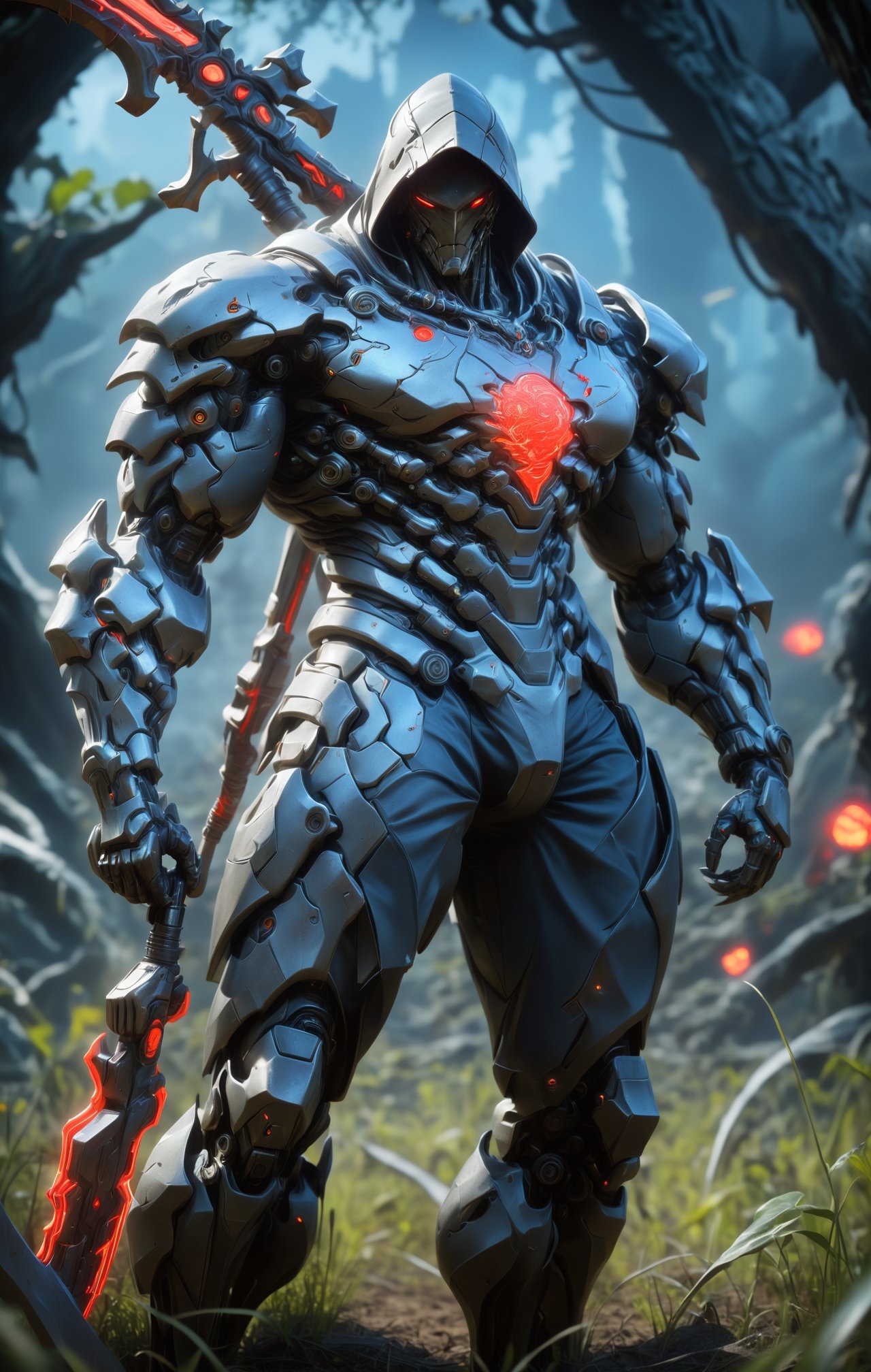 A futuristic sci-fi scene featuring the neon man, a mysterious figure with intricate details on his skin and armor, standing in an eerie overgrown field. The air is electric as he swings a majestic scythe with a steel chain handle, illuminating the darkness with a mesmerizing neon red glow. In the background, remnants of a forgotten civilization loom large, shrouded in shadows and mystery. Cinematic film still, dark fantasy, high budget, shallow depth of field, vignette, highly detailed, bokeh, cinemascope, moody, epic, gorgeous, film grain, grainy