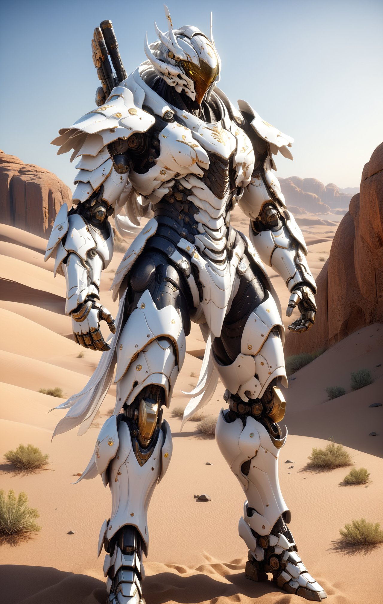 Masterpiece, Create a full body length of a warrior. In a desert.  Mechanical Armor. White armor. Firefly from: Star Rail. Extremely Realistic, Hyper Detailed, High quality, Cinematic Lighting Photography, nvidia rtx, super-resolution, unreal 5, subsurface scattering, pbr texturing, 32k UHD, Photorealistic, Hyperrealistic, Detailed, Octane, iso300.