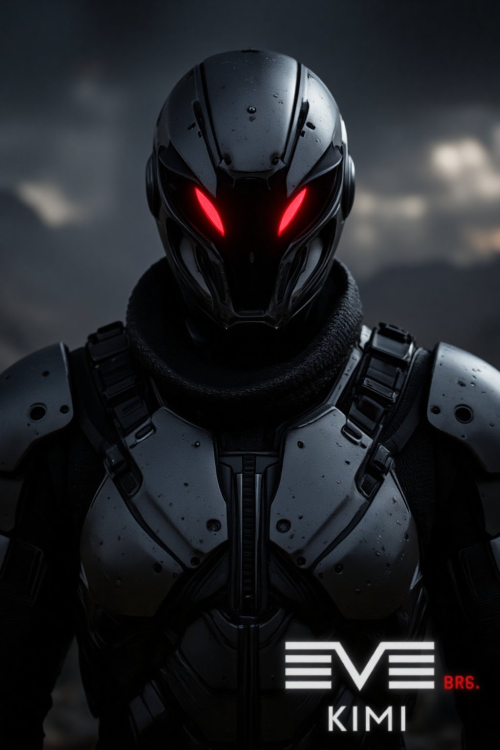 FuturisticWarrior style,, The image is a digital art piece that appears to be a futuristic or sci-fi scene. It shows a close-up of a gallente assault's head and upper body, with a metallic armor-like appearance. The gallente assault's face is covered in red eyes, giving it a futuristic and ominous look. The background is a dark, cloudy sky with a hint of smoke or dust. The overall mood of the image is dark and ominous. The word "KIMI" is written in white text on the bottom right corner, with the word "EVE" in a larger font size than the rest of the text.