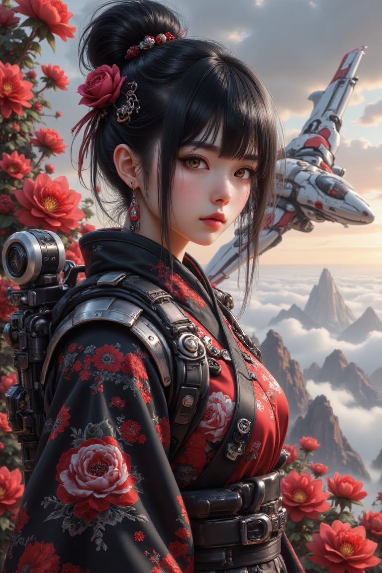 Heroic girl bathed in otherworldly light,  her sharp gaze fixed on the endless alien horizon,  blending the elegance of Ja...