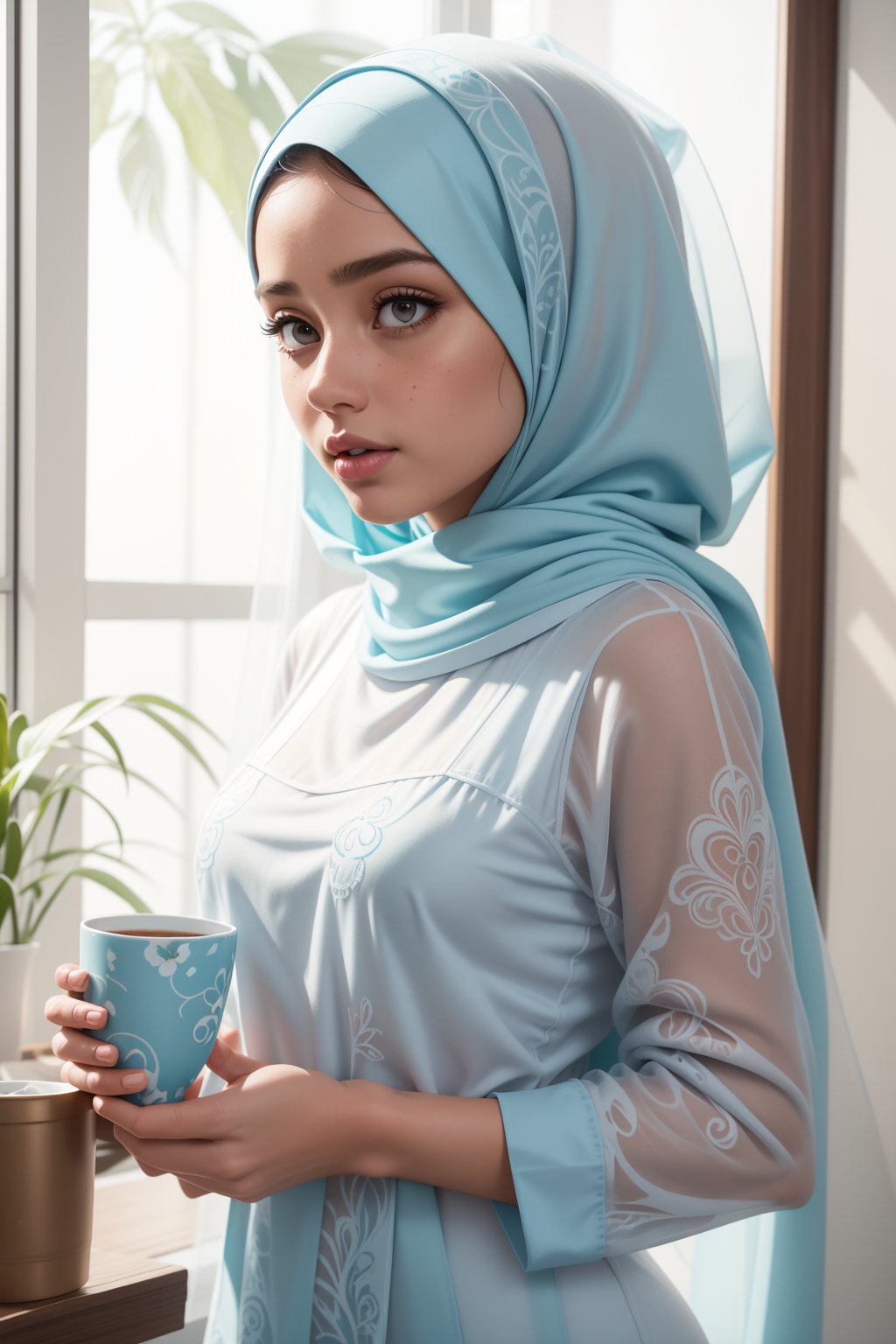 digital illustration painting on wet canvas of beautiful white moeslima woman,soft makeup,wearing soft blue color hijab and light blue blouse with green paisley print,holding a cup of lattee.bg well decorated cafe ,soft realism,soft painterly,modern soft pastel colors,bold stroke lines,white background,negative space,inspired by Alena Tkach