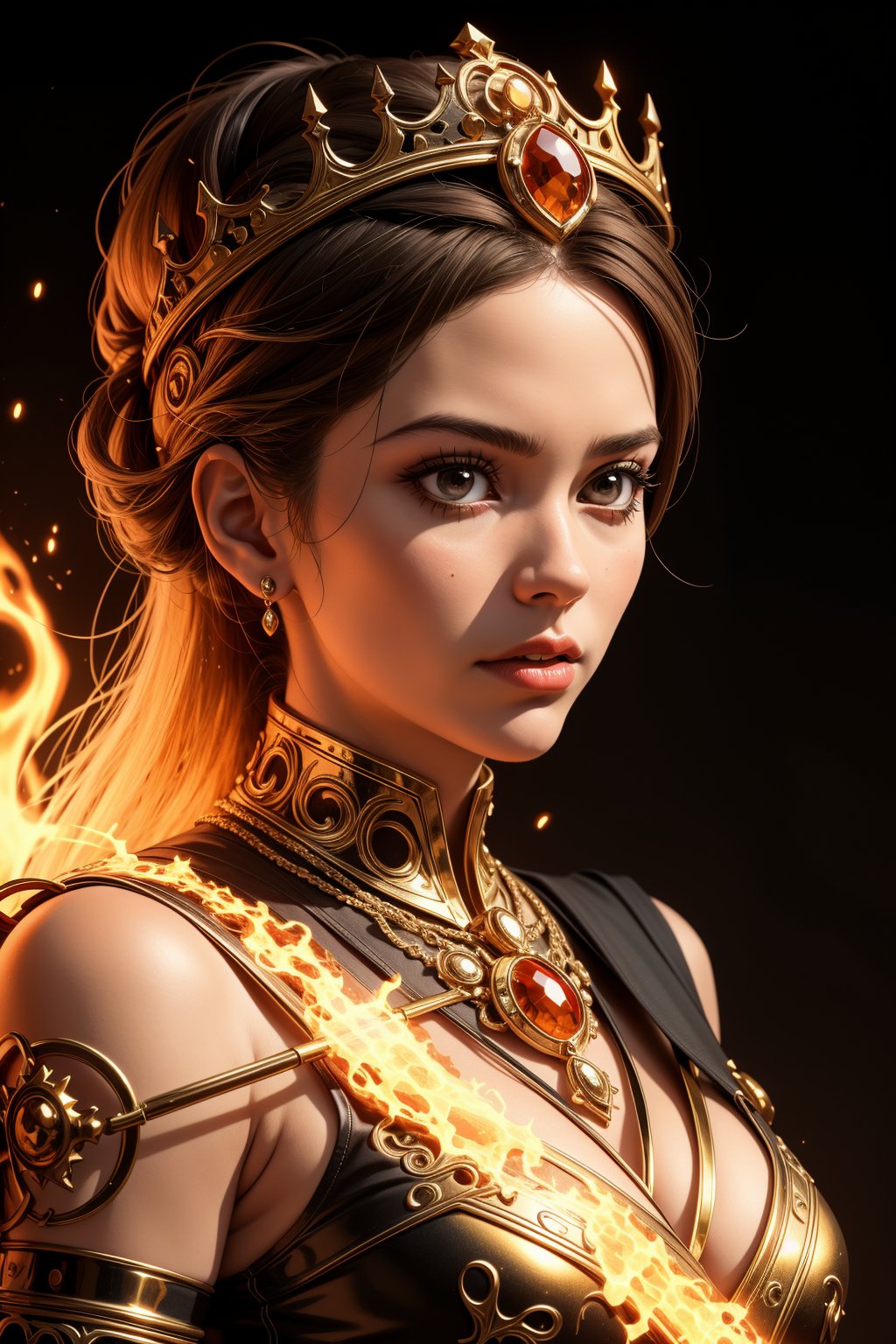 queen of fire character, a crown made of flames, photorealistic, epic, dramatic lighting