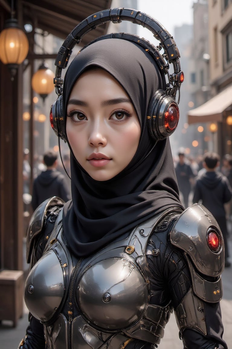 A striking fusion of futuristic technology and cultural heritage,  the scene features a young woman depicted as a cybernet...