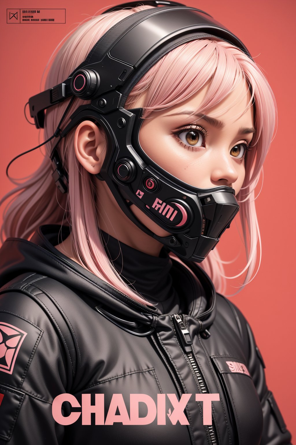 A comic cover with pink tittle text "CALL OF DUTY" written in vibrant pink grunge brush font depicting anime style extreme close up, 3/4 quarter profile, Malay woman wearing a tattered hood with intricate skull-patterned mask covering her mouth and nose stares intensely into the distance, gripping aiming a target with a sniper rifle.Brown eyes, Long, ethereal pink hair cascades from beneath the hood, contrasting with the dark, muted tones of the clothing ,on the bottom is a red text "Kimi Shinoda" , flat yellow background