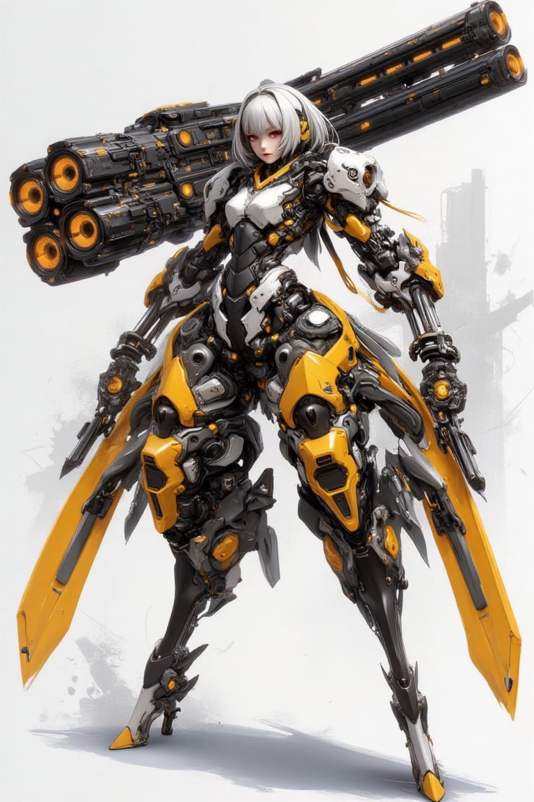A strikingly futuristic mecha-warrior,  blending elegance and lethality,  stands poised in a commanding stance by KIMI SHI...