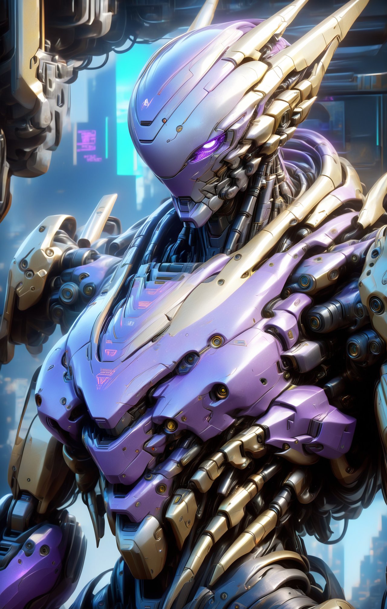 A close-up of a robot wearing a helmet, cyberpunk art by Android Jones, cgsociety, computer art, intricate detail, vibrant colors, neon lighting, futuristic design, high-tech textures, and a metallic finish. The image features a dynamic camera angle with dramatic lighting creating depth and highlighting the robot's detailed surfaces. The color palette includes vivid blues, purples, and greens, contributing to the overall mood of a high-tech, cyberpunk future. Extremely Realistic, Hyper Detailed, Cinematic Lighting Photography capturing every intricate detail, shot on nvidia rtx for realism, showcasing super-resolution and rendered in Unreal 5. Enhanced with subsurface scattering and PBR texturing for a lifelike appearance.