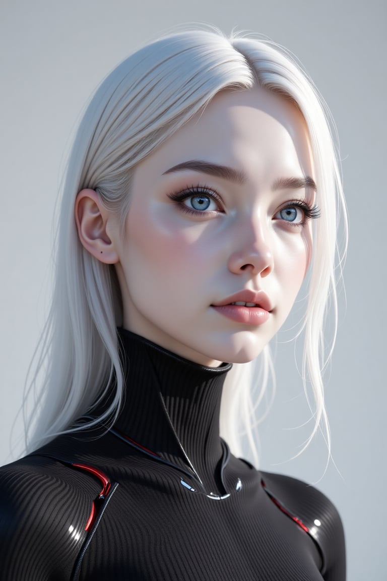 A striking portrait of a youthful woman with an ethereal presence. Her flawless,  porcelain-like skin reflects a delicate...