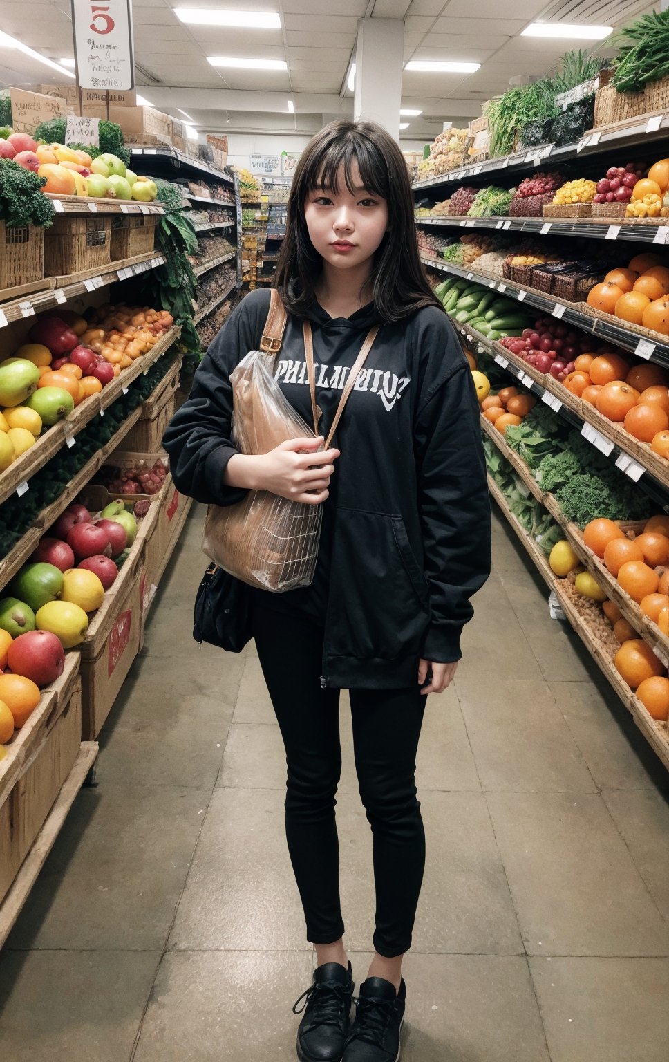 there is a woman standing in front of a produce section, getting groceries, shopping groceries, stood in a supermarket, in style of digital illustration, detailed fanart, high quality fanart, cartoon digital painting, in an anime style, official fanart, digital drawing, artwork in the style of guweiz, in the art style of bowater, in anime style, urban girl fanart